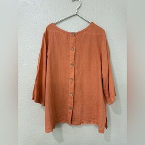 Nicole Miller NY 100% Linen Shirt Blouse women 1X orange 3/4 Sleeve lagenlook